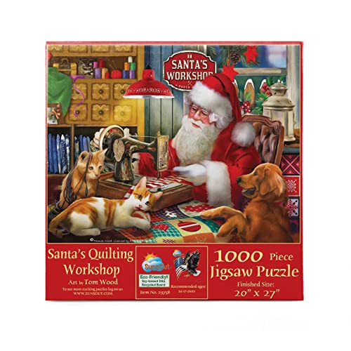 SUNSOUT INC – Santa's Quilting Workshop – 1000-teiliges Puzzle von Künstler: Tom Wood – Fertige Größe 50,8 x 68,6 cm Weihnachten – MPN# 29758 von SunsOut