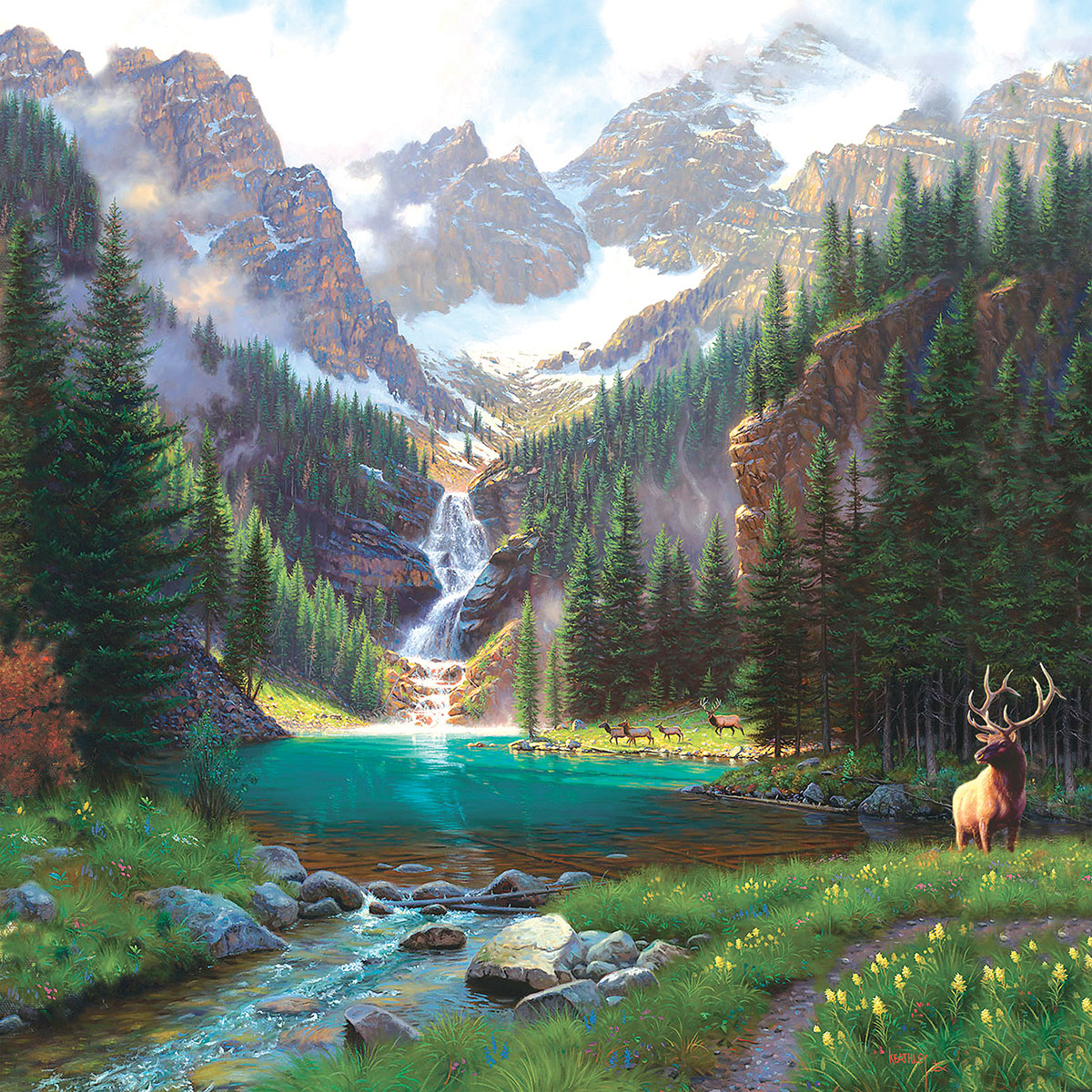 SunsOut Mark Keathley - Elk at the Waterfall 1000 Teile Puzzle Sunsout-52982 von SunsOut