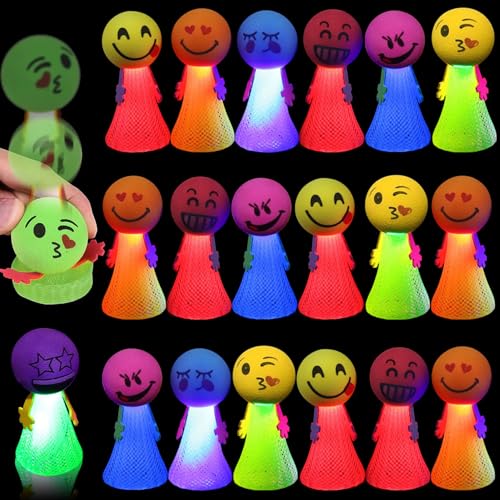 18 Stück LED Feder Leucht Springendes Spielzeug,Jumping Spielzeug,Spring Launchers Toys,Springbälle Hüpfball,LED Leuchtspielzeug Kinder,Kindergeburtstag Mitgebsel Set,Emoticons Puppen für Kinder von Sunshine smile