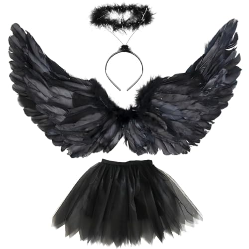 80CM Engelsflügel Schwarz,Damen Engel Flügel,Engelsflügel Kostüm Kinder,Mädchen Engel Kostüm,Engelsflügel Deko Kostüm mit Heiligenschein TUTU-Rock,Engel Kostüm für Karneval Party Cosplay von Sunshine smile