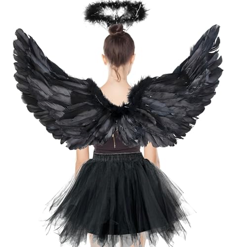 80CM Engelsflügel Schwarz,Damen Engel Flügel,Engelsflügel Kostüm Kinder,Mädchen Engel Kostüm,Engelsflügel Deko Kostüm mit Heiligenschein TUTU-Rock,Engel Kostüm für Karneval Party Cosplay von Sunshine smile