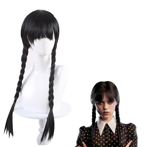 Addams Perücke für Damen,Perücke Kinder Wednesday,Mittwoch Addams Perücke,Schwarze Geflochtene Perücken,Wednesday Perücke schwarz Langhaar,Mittwoch Addams Cosplay,Geflochtene Schwarze Zopfperücke von Sunshine smile