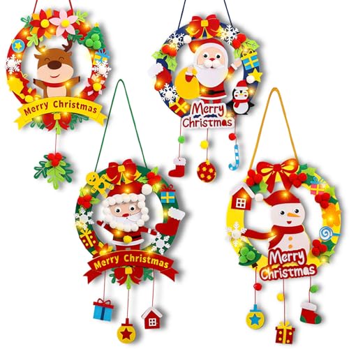 Bastelset Weihnachten Kinder,4 Filz Bastelset Kinder Winter,Weihnachtskranz Bastelset Beleuchtet,Weihnachten Basteln Kinder,Weihnachts Basteln Anhänger für Kinder,DIY Türkranz für Tür Haustür Fenster von Sunshine smile