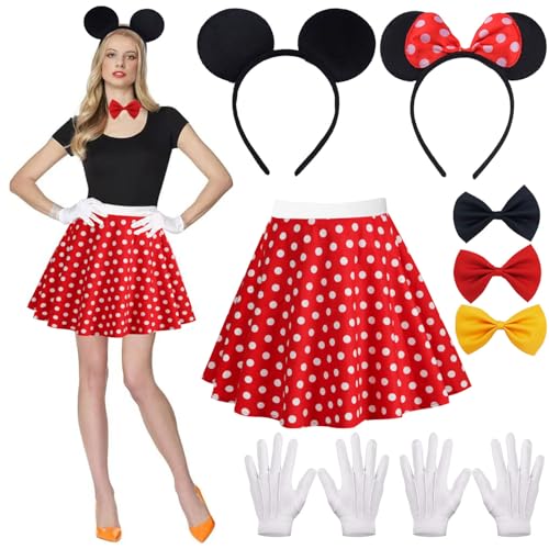 Damen Maus Mouse Kostüm,Rot Weiß Schwarz mit Rock Gepunktet,Maus Fliege Schleife,Maus Ohren Handschuhe,Haarreifen mit Maus Ohren,Mouse Cosplay Kostüm Accessoire,Kostüm für Fasching Karneval Party von Sunshine smile