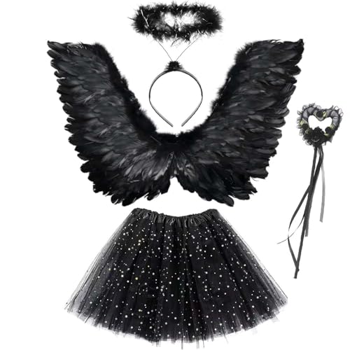 Sunshine smile Teufel Kostüm,4 Stück 68CM Engelsflügel Kostüm,Halloween Kostüm Damen,Engelsflügel kostüm damen,Angel Wings für Kinder,Tutu-Rock, Engel Flüge, Heiligenschein von Sunshine smile