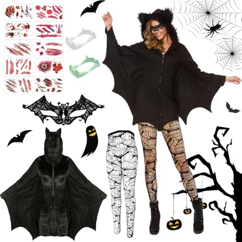 Fledermaus Kostüm Damen,Set Damen Schwarz Fledermaus,Halloween Kostüm Frauen Fledermaus,Faschingskostüme Damen Fledermaus,Schwarz Fledermaus Overall mit Kapuze,Maske Netzstrümpfe Haarband von Sunshine smile