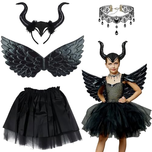 Halloween Kostüm Kinder Mädchen,Schwarz Teufelsflügel,Hörner Haarreif,Halskette,Teufel Tutu Rock,Böse Königin Cosplay Kostüm,Teufel Kostüm Mädchen für Halloween Karneval Cosplay Party Kinder Kostüme von Sunshine smile