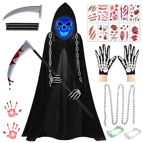 Halloween Sensenmann Kostüm Kinder,Leuchtende Maske Set,Sensenmann Kinderkostüm,Reaper Kostüm,Grim Reaper Sensenmann,Sensenmann Halloween,Halloween Kostüm Set,Vampir Umhang Sichel Kleidung von Sunshine smile