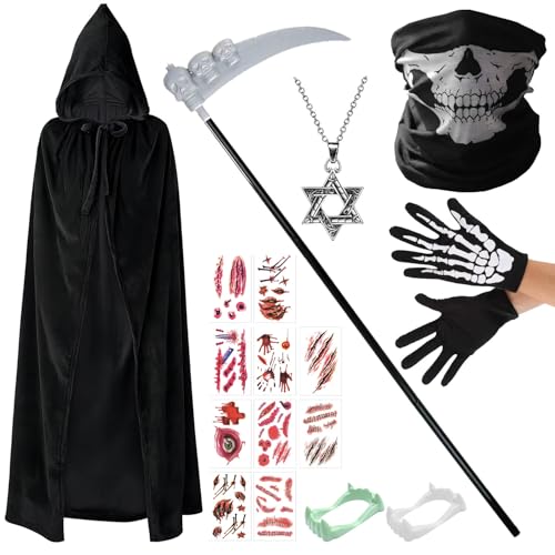 Halloween Sensenmann Kostüm Kinder,Sensenmann Kinderkostüm,Reaper Kostüm,Grim Reaper Sensenmann,Sensenmann Halloween,Halloween Kostüm Set,Vampir Umhang Sichel Kleidung für Party Karnevals Cosplay von Sunshine smile