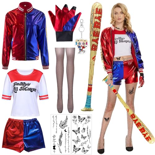 Harley Quinn Cosplay Kostüme,Harley Quinn Kostüm Damen,Suicide Squad Kostüm,Mädchen Bösewicht Kostüm Kit,Harley Quinn Kostüm für Erwachsene und Kinder,Halyquin Kostüm für Halloween Karneval Cosplay von Sunshine smile