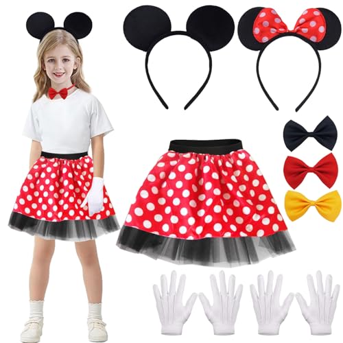 Mädchen Maus Mouse Kostüm,Rot Weiß Schwarz mit Rock Gepunktet,Maus Fliege Schleife,Maus Ohren Handschuhe,Haarreifen mit Maus Ohren,Mouse Cosplay Kostüm Accessoire,Kostüm für Fasching Karneval Party von Sunshine smile