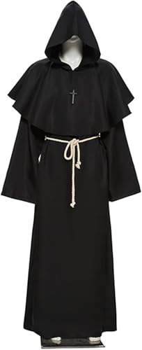 Priester Mönch Gewand Kostüm,Halloween Mönch Robe,Mönch Priester Gewand,Mönch Kostüm Robe,Herren Cosplay Mönchskostüm,Mittelalter Renaissance Hooded Mönch Kostüm,mit Kreuzanhänger und Gürtel von Sunshine smile