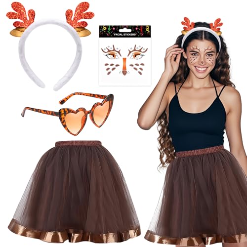 Rentier Kostüm Damen,Rentier Tutu Rock,Reh Kostüm Damen,Hirsch Blumenstirnband und Tüllrock Braun,Reh Gesichtstattoo,Sonnenbrille,Geweih Kostüm Accessoires,Elch Cosplay für Party, Karneval, Mottoparty von Sunshine smile