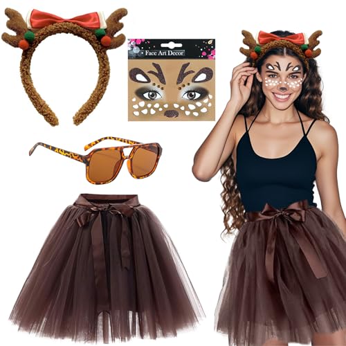 Rentier Kostüm Damen,Rentier Tutu Rock,Reh Kostüm Damen,Hirsch Blumenstirnband und Tüllrock Braun,Reh Gesichtstattoo,Sonnenbrille,Geweih Kostüm Accessoires,Elch Cosplay für Party, Karneval, Mottoparty von Sunshine smile