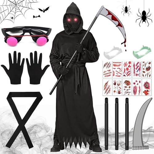 Sensenmann Kostüm Kinder Jungen,Sensenmann Cosplay Kostüm Kinder,Halloween Sensenmann Kostüm Kinder,Halloween Maske Set,mit Sense Brille Geisterketten Maske Handschuhen Gruselig,Sensenmann Umhang von Sunshine smile