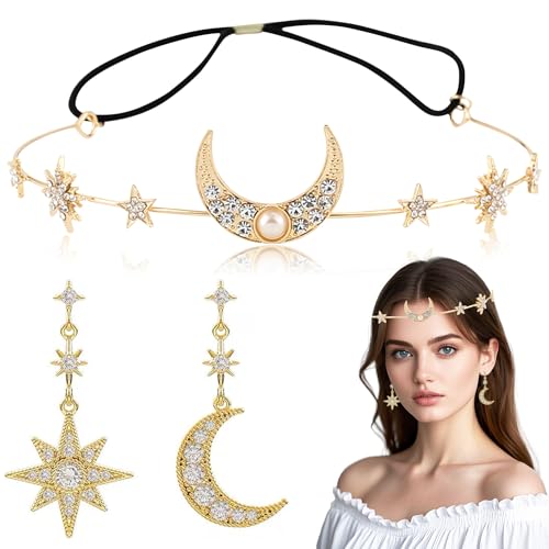 Boho-Mond-Stirnband,Sonne Mond Sterne Haarreif,Haarreif Sonne Mond und Sterne Gold,Mond Ohrringe Boho,Boho Ohrringe Gold Mond,Ohrringe Damen Gold Boho,Mond Haarreif,Schmuck für Damen und Mädchen von Sunshine smile