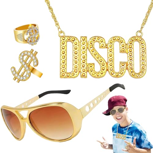 Sunshine smile 4 Stück Dollar kette gold,dollar kette gold kostüm,zuhälter kostüm,Hip Hop Kostüm Set,Dollar Zeichen Halskette Ringe Sonnenbrille Goldkette Fasching Karneval für 70er,80er,90er Jahre von Sunshine smile