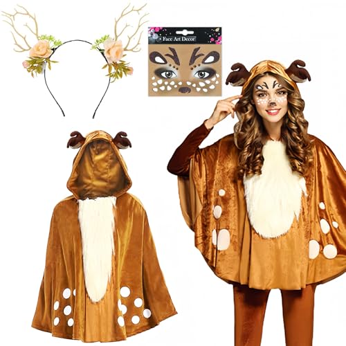 Rentier Karneval Damenkostüm,Rentier Geweih Haarreifen mit Rentier Ohren,Reh Bambi Cape mit Kapuze,Glitter Gesichtstattoo,Rentier Karneval Damenkostüm,Rentier Kostüm Damen,Reh Tier Kostüm Karneval von Sunshine smile