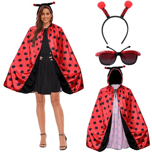 Sunshine smile Damen Marienkäfer Kostüm,Lady bug kostüm,Marienkäfer kostüm erwachsene,Marienkäfer Kleidung mit Accessoires,Karneval Rot/Schwarz Umhang Party,Ladybug kostüm erwachsene von Sunshine smile