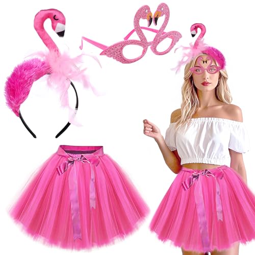 Sunshine smile Flamingo Kostüm Damen,Flamingo Haarreif,Flamingo Brille,Flamingo Tüllrock,Rosa Tüllrock Tutu Rock für Hawaii Kostüm Flamingo Party Karneval Mottoparty Fasching Kostüm Accessoires von Sunshine smile