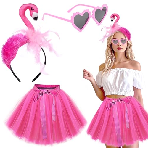 Sunshine smile Flamingo Kostüm Damen,Flamingo Haarreif,Flamingo Brille,Flamingo Tüllrock,Rosa Tüllrock Tutu Rock für Hawaii Kostüm Flamingo Party Karneval Mottoparty Fasching Kostüm Accessoires von Sunshine smile