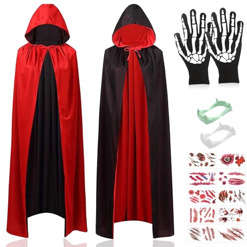 Sunshine smile Halloween Kostüm Kinder,Umhang Vampir 120,10 Blatt Halloween Tattoo Gesicht,Schwarzer Umhang mit Kapuze,Hexen Umhang Kinder,Halloween Umhang,Halloween Cape Vampir Kostüm für Cosplay von Sunshine smile