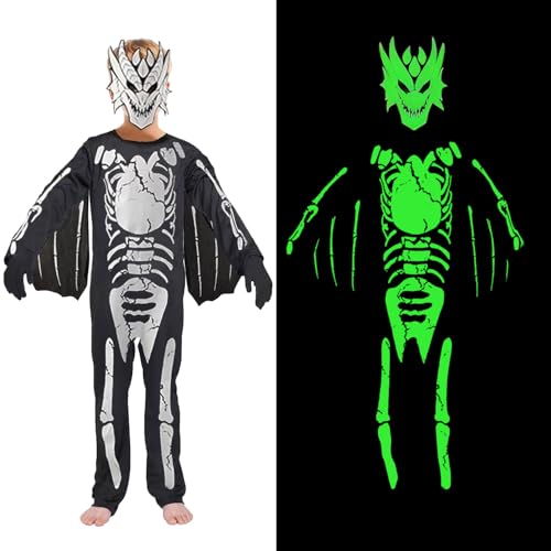 Halloween Skelett Kostüm Kinder,Skeleton Dino Kostüm Kinder,Halloween Skelett Overall Jungen,Leuchtet im Dunkeln Halloween Kostüm,Glühen im Dunkeln Kostüm,Party Skelett-Kostüm,Halloween Knochen Kostüm von Sunshine smile