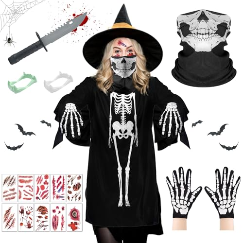 Skelett Kostüm,Ghost Skeleton Kostüm Set,Erwachsene Sensenmann Kostüm,Kostüm Knochengerüst,Halloween Cosplay Ghost Kleidung,Halloween Karneval Horror Outfit,Halloween Skelett Kostüm für Herren Damen von Sunshine smile