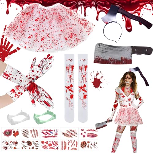 Sunshine smile Karneval Blut Kostüm Damen Set,Tutu-Röcken und Strümpfen Blutbefleckten,Damen Halloween Kostüm,Messer-Stirnband,Machete,Handschuhen,Tattoo-Aufklebern,Blutiger Tüllrock für Erwachsene von Sunshine smile