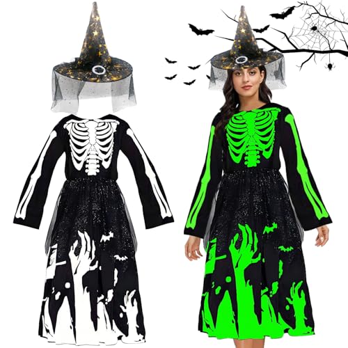 Hexenkostüm für Mädchen,Prinzessin Skelett Kostüm Kinder Mädchen,Hexen Kostüm mit Hexenhut,Kostüm set Magische Hexe,Mädchen Kinder Lange Hexenkleid,Halloween Kostüm Deluxe Set für Cosplay Party von Sunshine smile