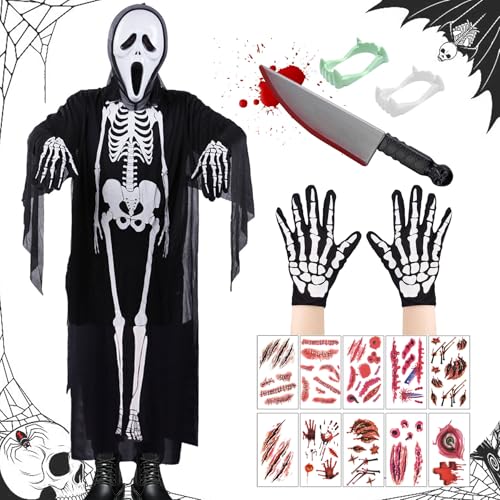 Skelett Kostüm,Ghost Skeleton Kostüm Set,Erwachsene Sensenmann Kostüm,Kostüm Knochengerüst,Halloween Cosplay Ghost Kleidung,Halloween Karneval Horror Outfit,Halloween Skelett Kostüm für Herren Damen von Sunshine smile