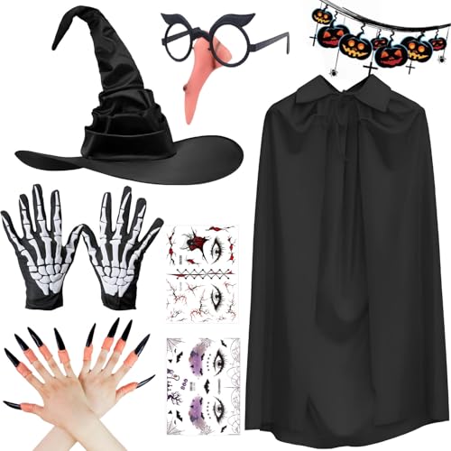 Sunshine smile Halloween Hexenkostüm Damen Hexenhut,Hexenumhang,Hexen Kostüm,Halloween Schwarzer Umhang,Halloween Kostüm Damen,Kostüm Hexenkostüm für Damen,Halloween Kleid Cosplay Kostüm Hexenhut von Sunshine smile