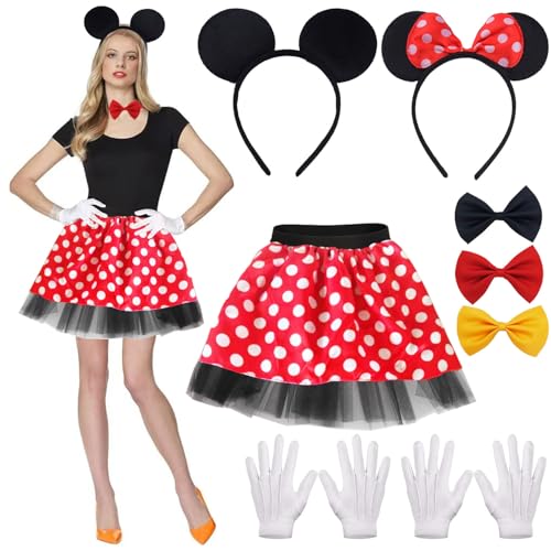 Damen Maus Mouse Kostüm,Rot Weiß Schwarz mit Rock Gepunktet,Maus Fliege Schleife,Maus Ohren Handschuhe,Haarreifen mit Maus Ohren,Mouse Cosplay Kostüm Accessoire,Kostüm für Fasching Karneval Party von Sunshine smile