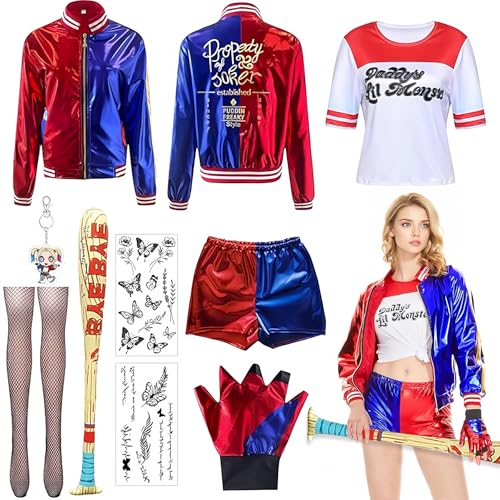 Sunshine smile Mädchen Bösewicht Kostüm Kit enthalten Jacke T-Shirt,Shorts und Handschuh Ballon Stick,Strümpfe Bundlefor Karneval Cosplay von Sunshine smile