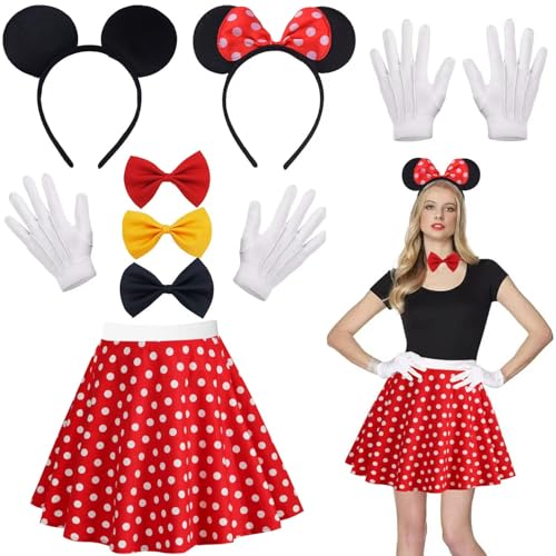 Sunshine smile Maus-Kostüm Damen Fasching, Halloween, Karneval - Rot mit Punkten & Beschichtung - Polyester - Tutu, Haarreifen, Handschuhe, Fliege - Mickey Maus Ohren & Schleife von Sunshine smile