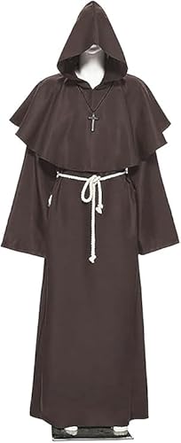 Priester Mönch Gewand Kostüm,Halloween Mönch Robe,Mönch Priester Gewand,Mönch Kostüm Robe,Herren Cosplay Mönchskostüm,Mittelalter Renaissance Hooded Mönch Kostüm,mit Kreuzanhänger und Gürtel von Sunshine smile