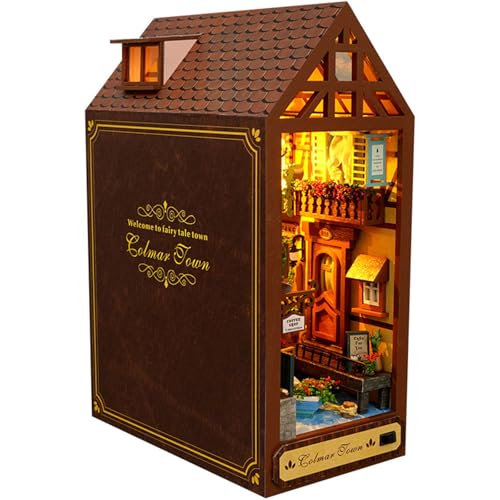 Book Nook Kit, 3D Wooden Puzzles DIY Book Nook Kit with LED Light and Furniture Realistic Miniature Book Nook Bookshelf Insert Decor Gifts for Adults Kids Birthday Christmas von SunshineFace