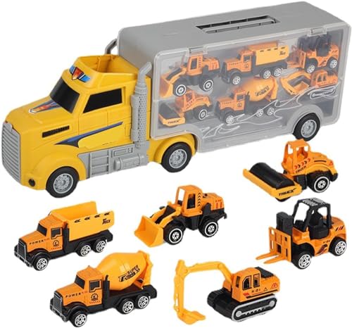 SunshineFace Baufahrzeuge Spielzeug, 7 in 1 Mini Bauwagen Spielzeug Bagger Spielzeug Set Transporter Technik Fahrzeug Spielzeug Spiel Fahrzeuge Geschenke für Jungen Mädchen von SunshineFace