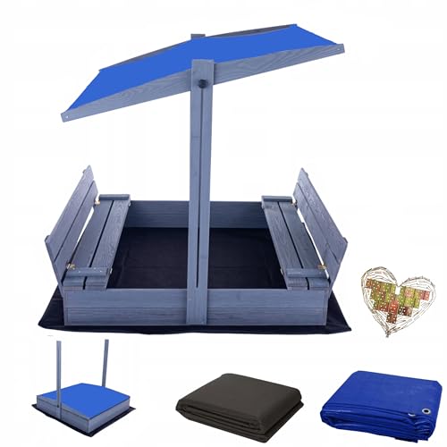 Sunwood Magus Sandkasten Imprägniert mit Dach inkl. Video Anleitung für Montage Sonnenschutz UV-Schutz Sandbox mit Abdeckung mit Sitzbänken mit Plane Sandkiste Holz 120x120 140x140 XL, IMP-2024, Grau von Sunwood