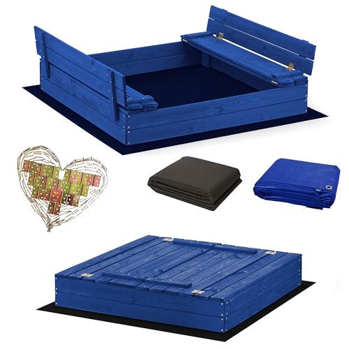 Sandkasten Imprägniert Blau 120 x 120 Sandbox mit Abdeckung Sitzbänken Deckel Plane Sandkiste Holz Kiefer Sandkastenvlies (Blau) von Sunwood