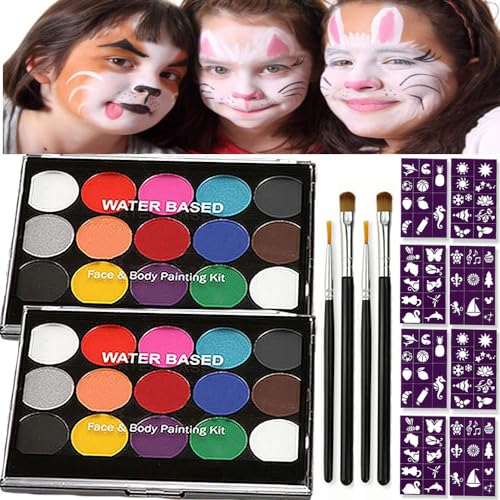 2 Stück Halloween Kinderschminke Set, Face Paint Body Paint für Kinder und Erwachsene mit 15 Farben Schminkpalette, 2 Berufs Pinsel, 40 Tattoo-Vorlagen von Sunwuun