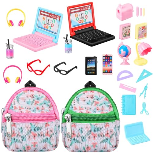 27 Stück Wichtel Zubehör Schulbedarf,Puppenhaus Zubehör Schulset,Mini Laptop Tablet Handy Brille Kopfhörer Rucksack Getränke,Miniatur Wichtel Zubehör,Puppenhaus Dekoration von Sunwuun