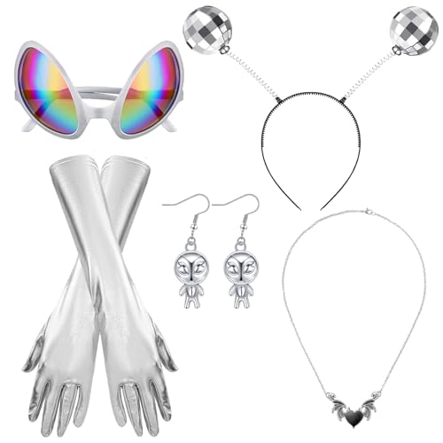 Sunwuun 5 Stück Alien Kostüm Damen Karneval,Space Girl Kostüm Damen,Alien Haarreif Handschuhe Brille Silber Halsketten Alien Ohrstecker,Karneval Partybrille Für Halloween Cosplay Maskerade (Silber-1) von Sunwuun