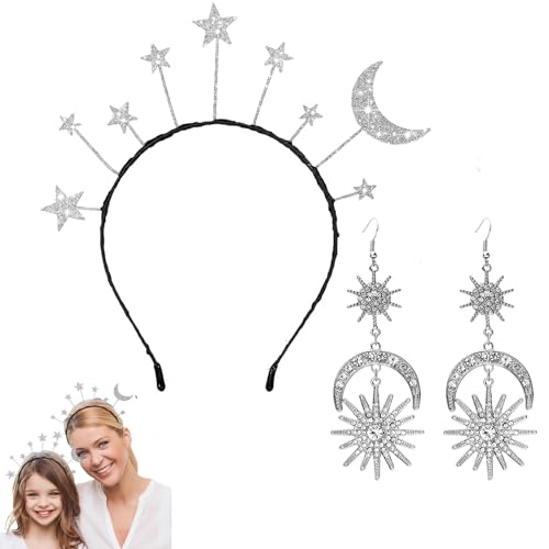 Sunwuun Faschingsfeier Haarreif Sterne Mond Sonne Silber, Weltall Kostüm Space Stirnband Geburtstagsfeier Haarband Glitzer Haarschmuck Für Karneval Halloween Cosplay Maskerade Geburtstag Kostümparty von Sunwuun