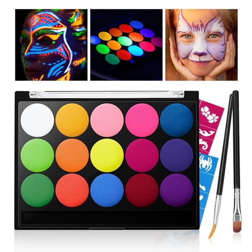 Halloween Kinderschminke Set, UV Face Paint Body Paint für Kinder und Erwachsene mit 15 Farben Schminkpalette, 2 Berufs Pinsel, 18 Tattoo-Vorlagen von Sunwuun