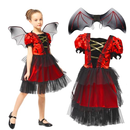 Halloween Kostüm für Mädchen,Vampirkostüm Mädchen,Fledermaus Kostüm Kinder Flügel Schwarz Rot,Dress for Halloween,Fledermaus Halloween Kostüm für Mädchen Hexe Cosplay,Vampirin Geister Kostüm Kinder(L) von Sunwuun