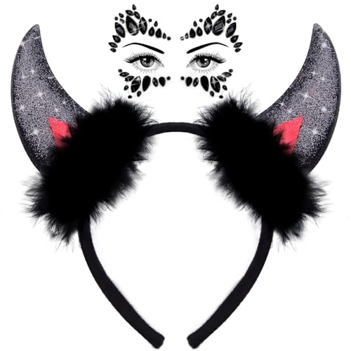 Sunwuun Karneval Halloween Deko Teufelshörner Glitzer Tattoo Gesicht Steine,Teufel Hörner Haarschmuck Haarreifen Männer Damen Kinder,Karneval Halloween Cosplay Party Teufel Kostüm Zubehör(Schwarz) von Sunwuun