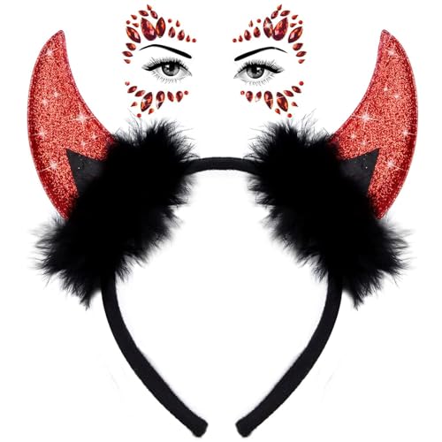 Sunwuun Karneval Halloween Deko Teufelshörner Glitzer Tattoo Gesicht Steine,Teufel Hörner Haarschmuck Haarreifen Männer Damen Kinder,Karneval Halloween Cosplay Party Teufel Kostüm Zubehör (Rot) von Sunwuun