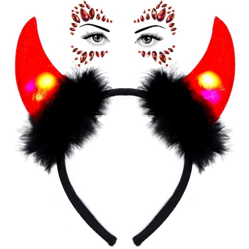 Sunwuun Karneval Halloween Deko Teufelshörner mit LED und Glitzer Tattoo Gesicht Steine,Teufel Hörner Leuchtend Haarschmuck Haarreifen Männer Damen Kinder,Karneval Cosplay Party Teufel Kostüm Zubehör von Sunwuun