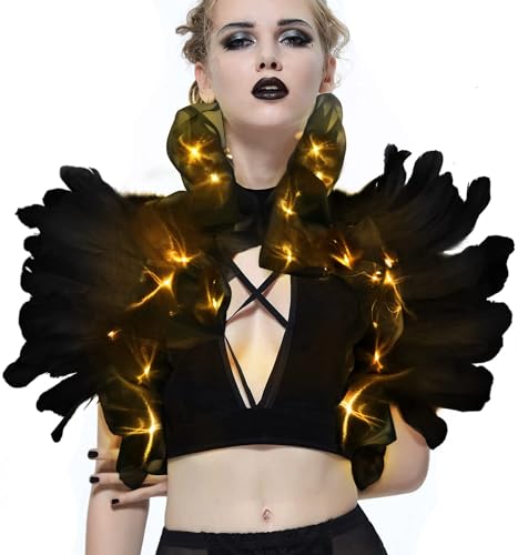 Sunwuun LED Leuchtend Maleficent Kostüm Damenr,Schwarzer Federumhang mit Feder,Black Swan Kostüm Federumhang,Vintage Feder Kostüm Accessoires fürKarneval Halloween Maskerade Cosplay von Sunwuun